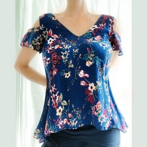 Indigo Floral Cold-Shoulder Blouse